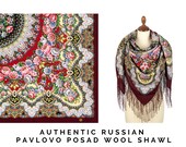 Russian Pavlovo Posad burgundy evening shawl for women size 53 39 39 , Oversized square wool wrap scarf with fringe, Floral pashmina, Piano shawl