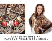 60th birthday gifts for women, Russian Pavlovo Posad brown folk shawl size 50 39 39 , Square wool wrap scarf with fringe, Large piano shawl