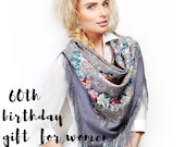 60th birthday gifts for women, Russian Pavlovo Posad gray pink floral piano shawl size 50 quot