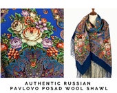 Russian Pavlovo Posad blue roses bird shawl for women size 58 quot , Square wool wrap shawl with fringe, Floral pashmina, Oversized piano shawl