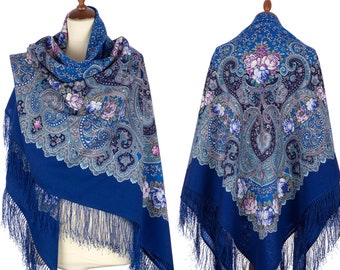 Oversized emerald blue wool shawl with pink roses size 57 Russian shawl blue Pavlovo Posad floral scarf wrap