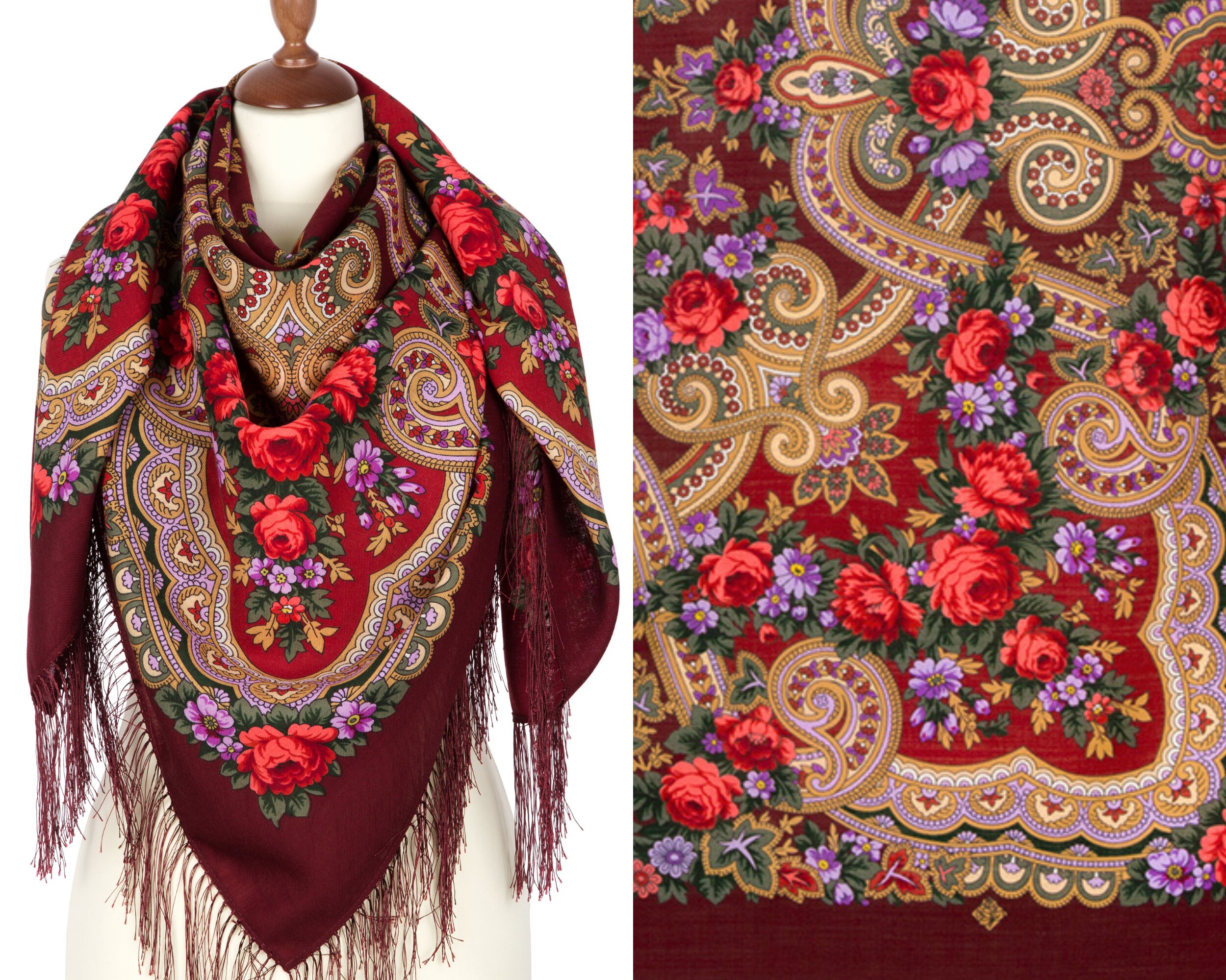 Russian shawl head scarf Pavlovo Posad scarf wrap Red floral | Etsy