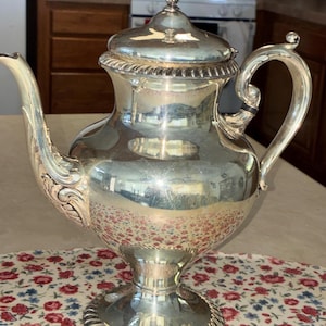 May include: A polished silver-toned metal teapot featuring a curved spout with ornate embossed detailing at the base, a matching lid with a small finial, a decorative rope-style border around the rim and base, and a curved handle.