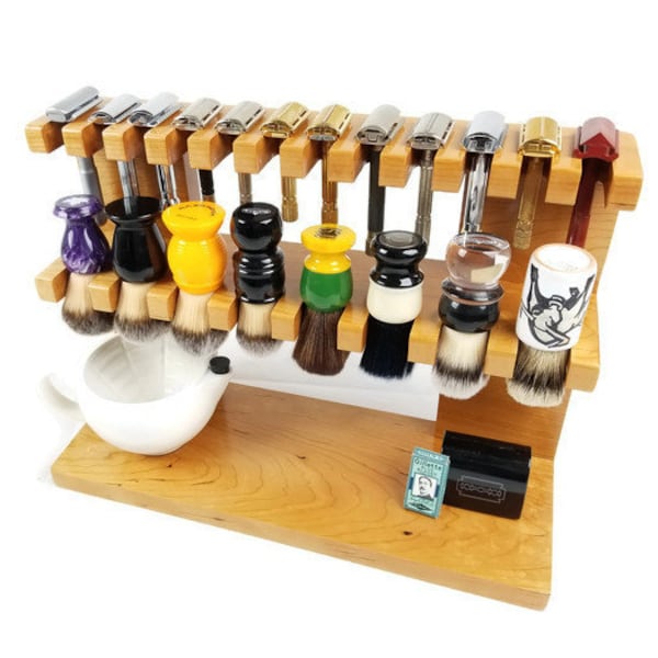 Supporto a doppio ripiano per rasoio e pennello da barba, largo 40 cm, ideale come regalo per uomo.