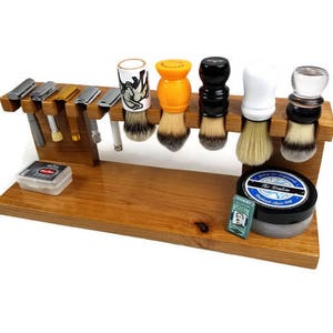 Safety razor  shaving brush stand, custom wood up to 5 slots for razor and up to 5 slots for brushes