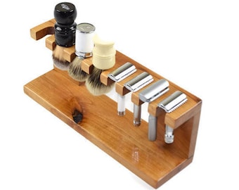 Safety razor shaving brush stand, custom wood up to 3 slots for razor and up to 3 slots for brushes