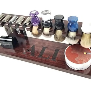 Safety razor shaving brush stand, wood w/dark Cherry stain up to 5 slots for razors and up to 5 slots for brushes Fathers Birthday Day Gift