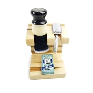 Safety razor & shaving brush stand for the seasoned Wet Shaver Rustic Ambrosia Maple wood 1 razor 1 brush Fathers Day Holiday Birthday Gift!