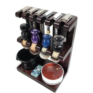 Safety razor and shaving brush stand double decker, room for razors, brushes, bowls made in Cherry Wood w/ Black Cherry Stain Mens Dads Gift