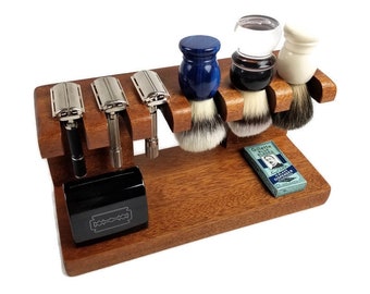 Safety razor and shaving brush stand, Beautiful African Mahogany Wood, custom with up to 5 slots for razors and up to 5 slots for brushes