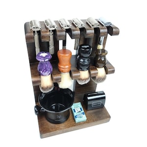 Safety razor and shaving brush stand double decker wooden room for razors, brushes, bowls custom made Knotty Alder Dark Brown Stain Pictured