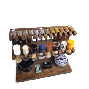 The Ultimate Wood Shaving 12 DE Razor and 8 Brush Double Decker Stand 16&quot; wide with DICE slots in Gorgeous Walnut & Lots of Storage