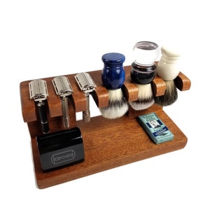 Safety razor and shaving brush stand, Beautiful African Mahogany Wood, custom with up to 5 slots for razors and up to 5 slots for brushes
