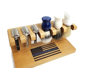 Safety razor  shaving brush stand, custom wood up to 5 slots for razor and up to 5 slots for brushes w/ US Flag PD engraving Patriotic Gift