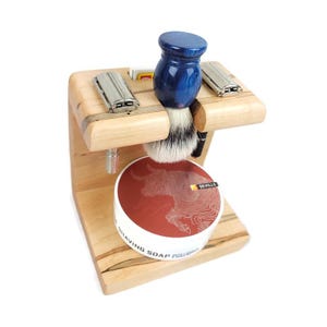 One Shaving Brush, Two Safety Razor&#39;s & Razor Blade Storage, Wormy Maple Wood w/ Slot for Razor Blade Storage