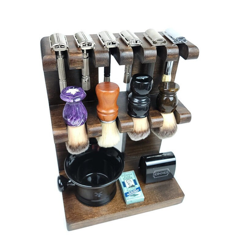 Double Decker Shaving Stand: Knotty Alder Wood Dark Brown Stain Razor & Brush Organizer