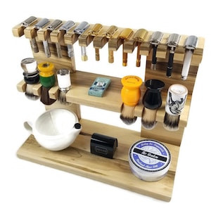 The Ultimate Wood shaving 12 Razor and 6 Brush double decker stand 16&quot; wide in Ambrosia Maple