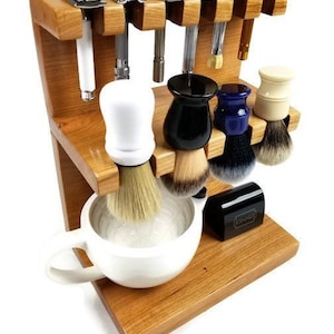 Safety razor and shaving brush stand double decker wooden, room for razors, brushes, bowls custom made. Knotty Alder Wood Pictured image 2