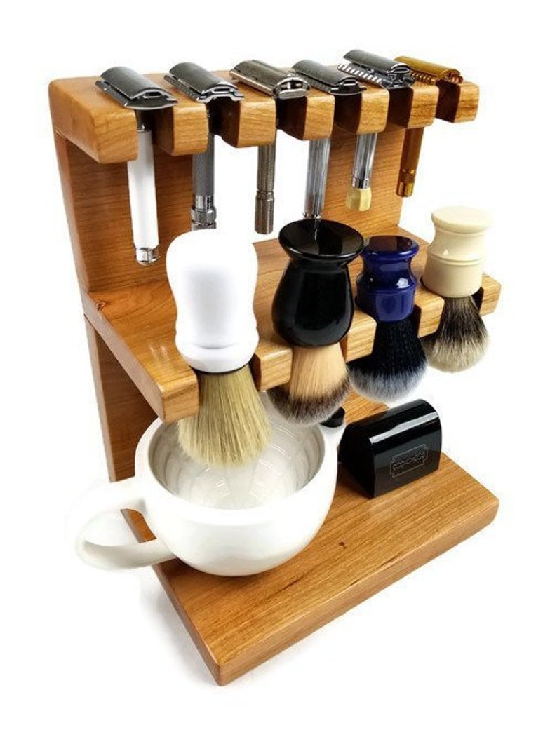 Safety razor and shaving brush stand double decker wooden, room for razors, brushes, bowls custom made. Knotty Alder Wood Pictured image 2