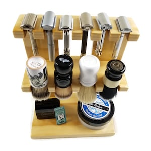 Safety razor and shaving brush stand double decker wooden, room for razors, brushes,  bowls custom made.  Pine Wood Pictured