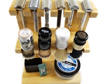 Safety razor and shaving brush stand double decker wooden, room for razors, brushes,  bowls custom made.  Pine Wood Pictured