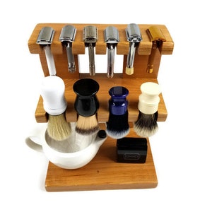 Safety razor and shaving brush stand double decker wooden, room for razors, brushes, bowls custom made. Knotty Alder Wood Pictured image 1