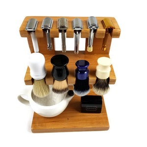 Safety razor and shaving brush stand double decker wooden, room for razors, brushes,  bowls custom made.  Knotty Alder Wood Pictured