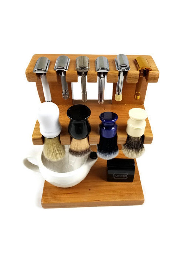 Safety razor and shaving brush stand double decker wooden, room for razors, brushes, bowls custom made. Knotty Alder Wood Pictured image 1