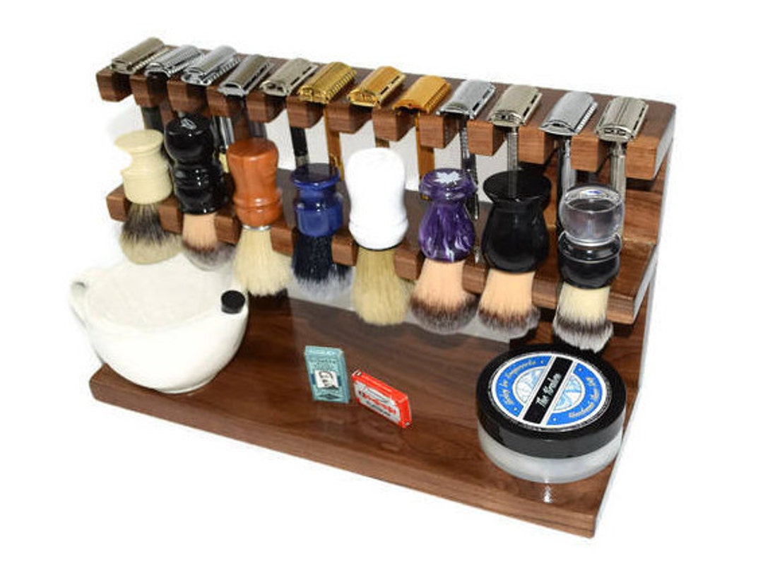 The Ultimate Wood Shaving Razor and Brush Double Decker Stand 16