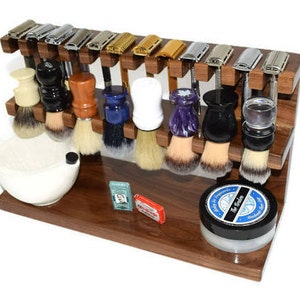 The Ultimate Wood shaving Razor and Brush double decker stand 16&quot; wide, Men&#39;s gift (Walnut Wood Pictured)