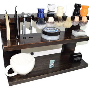 Three Level safety, straight razor and brush shaving stand in African Mahogany w/dark stain groomsmen, father, son gift Engraving Available!