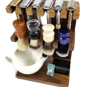 Safety Razor and Shaving Brush Stand Double Decker Wooden, Room for ...