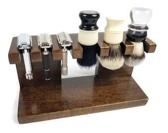 Safety razor shaving brush stand, custom wood w/dark brown stain up to 5 slots for razors and up to 5 slots for brushes
