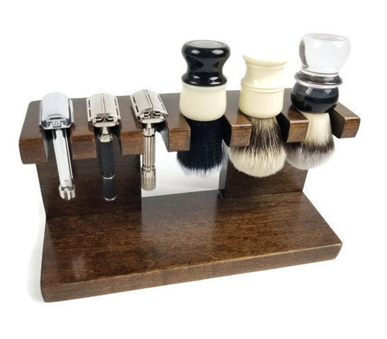 Safety razor shaving brush stand custom wood w/dark stain up Etsy