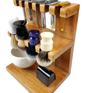 Safety razor and shaving brush stand double decker wooden, room for razors, brushes, bowls custom made. Knotty Alder Wood Pictured image 3