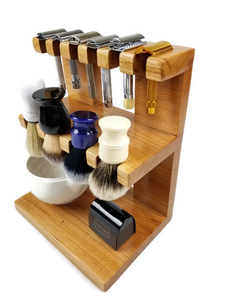 Safety razor and shaving brush stand double decker wooden, room for razors, brushes, bowls custom made. Knotty Alder Wood Pictured image 3