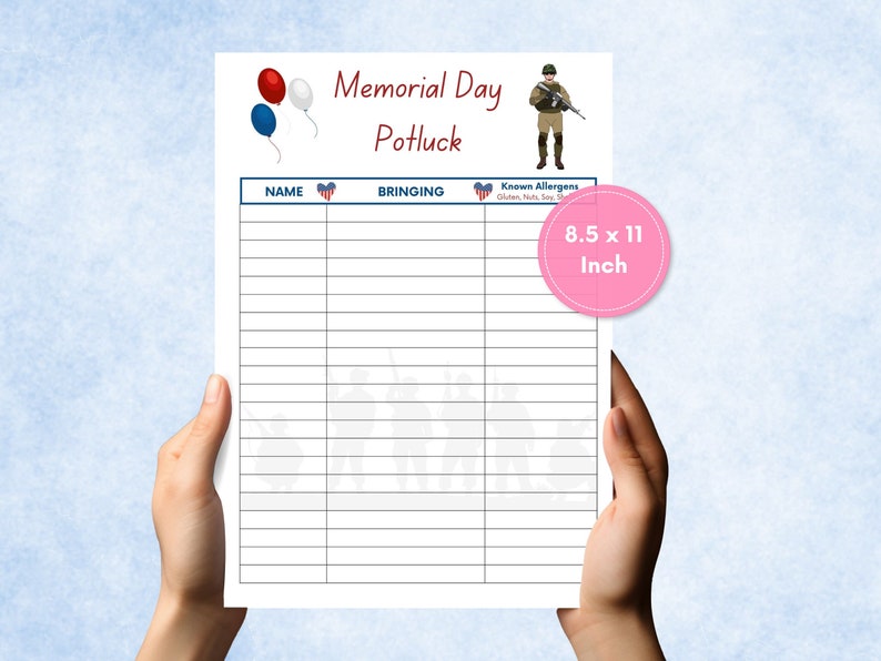 Memorial Day Potluck Sign up Sheet, BBQ Party, Potluck Party, Summer
