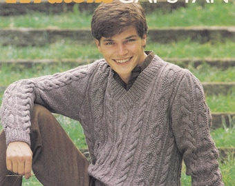 Mens Classic Aran Sweater With Choice of Round or V-neck, Vintage