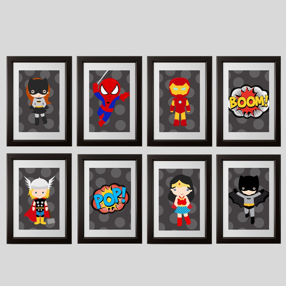 superhero wall art prints 5x7 inch set of 8 gray dot Etsy
