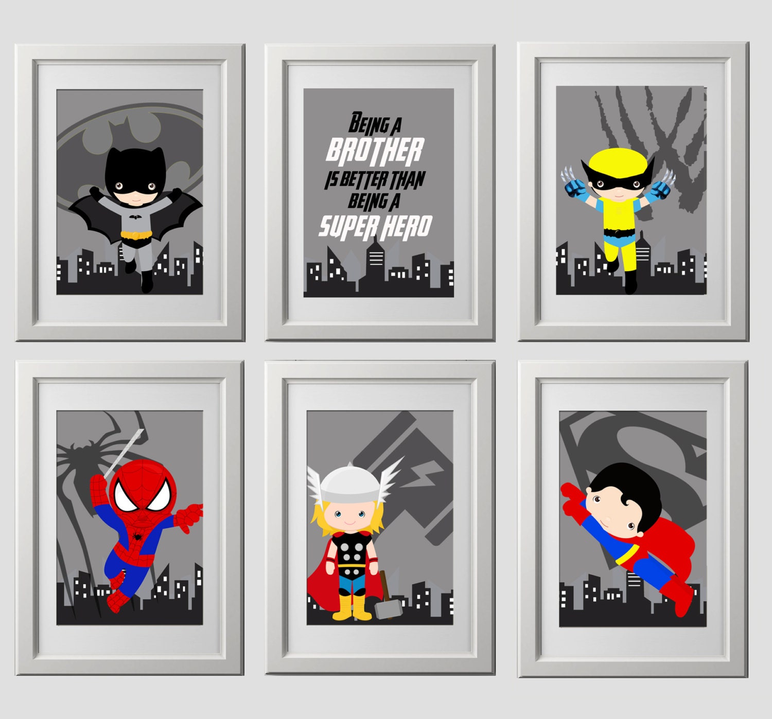 superhero logo wall art prints PRINTED set of 6 superhero