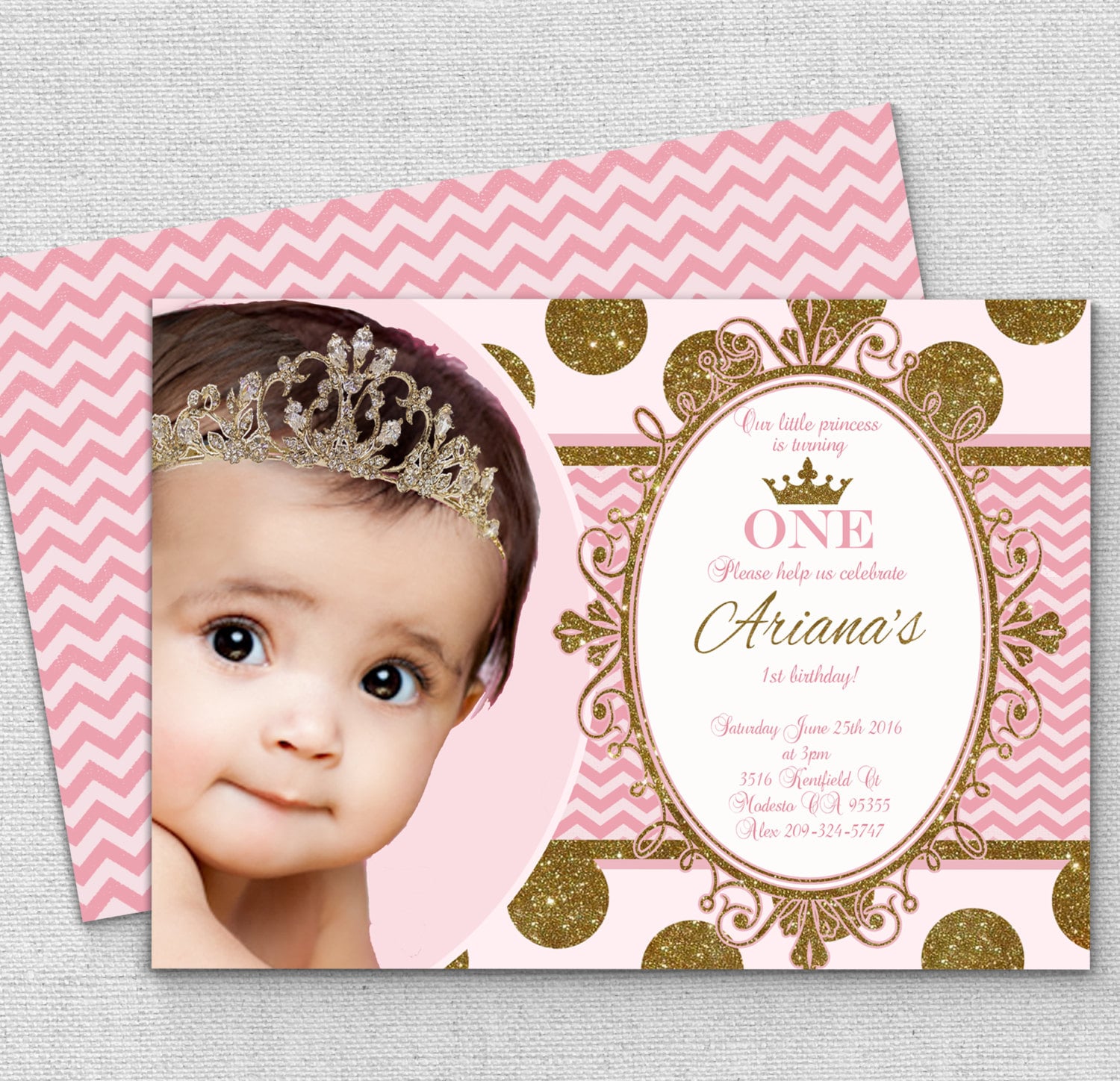 pink gold princess invitation polk a dot chevron princess | Etsy