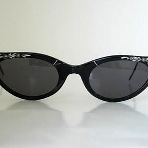 Dramatic Vintage Cat Eye Black Aluminium  Rhinestones Etched Silver Vines Sunglasses Non-Prescription SMALLER Size Frames 50s