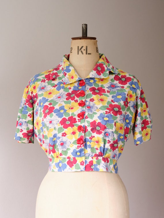 40s Cheerful FLORAL BLOUSE / Cropped Puff Sleeve