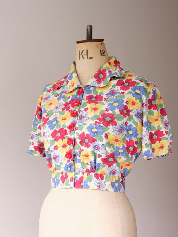 40s Cheerful FLORAL BLOUSE /  Cropped Puff Sleeve… - image 6