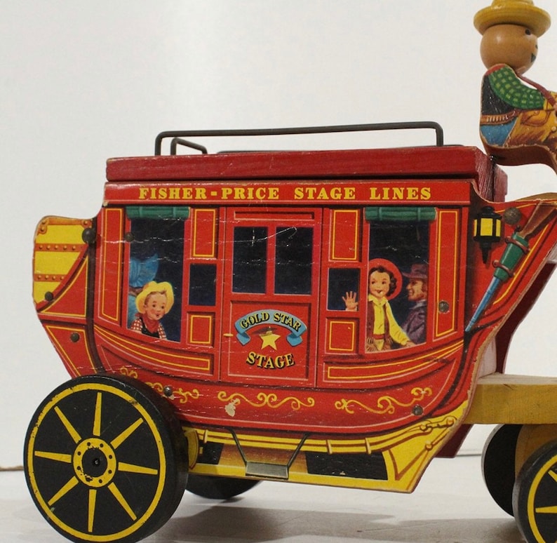 Vintage FISHER PRICE # 175 Gold Star stage coach pull toy