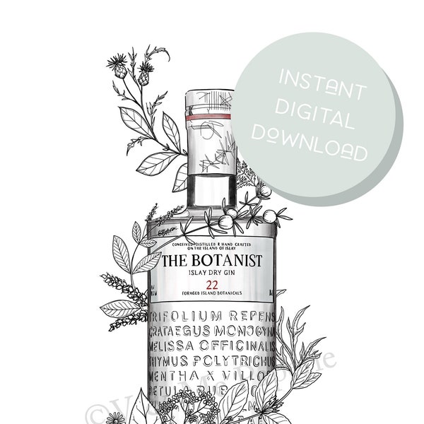 DIGITAL DOWNLOAD Botanist Gin Bottle Botanical Illustration Art Print Poster