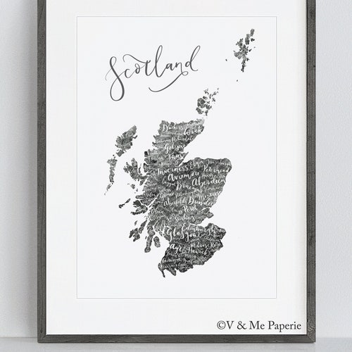Scotland Map Calligraphy Illustration Art Print Grey Etsy UK