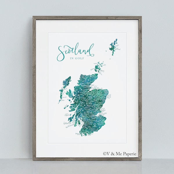 Map of Scotland in Golf - Scottish Golf Club Course Club Calligraphy Illustration Art Print- Golf Gifts - Teal