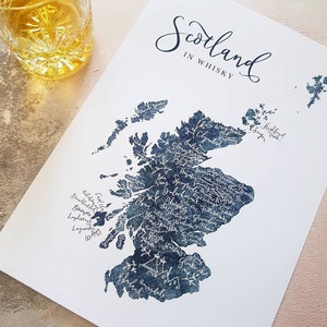 Whisky Map of Scotland - Scottish Scotch Calligraphy Illustration Distillery Art Print Whiskey Gifts - Dark Grey