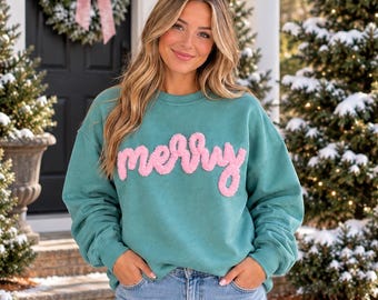 Custom Yarn Embroidered Sweatshirt, Sage Green with Pink Yarn, Cozy Fleece